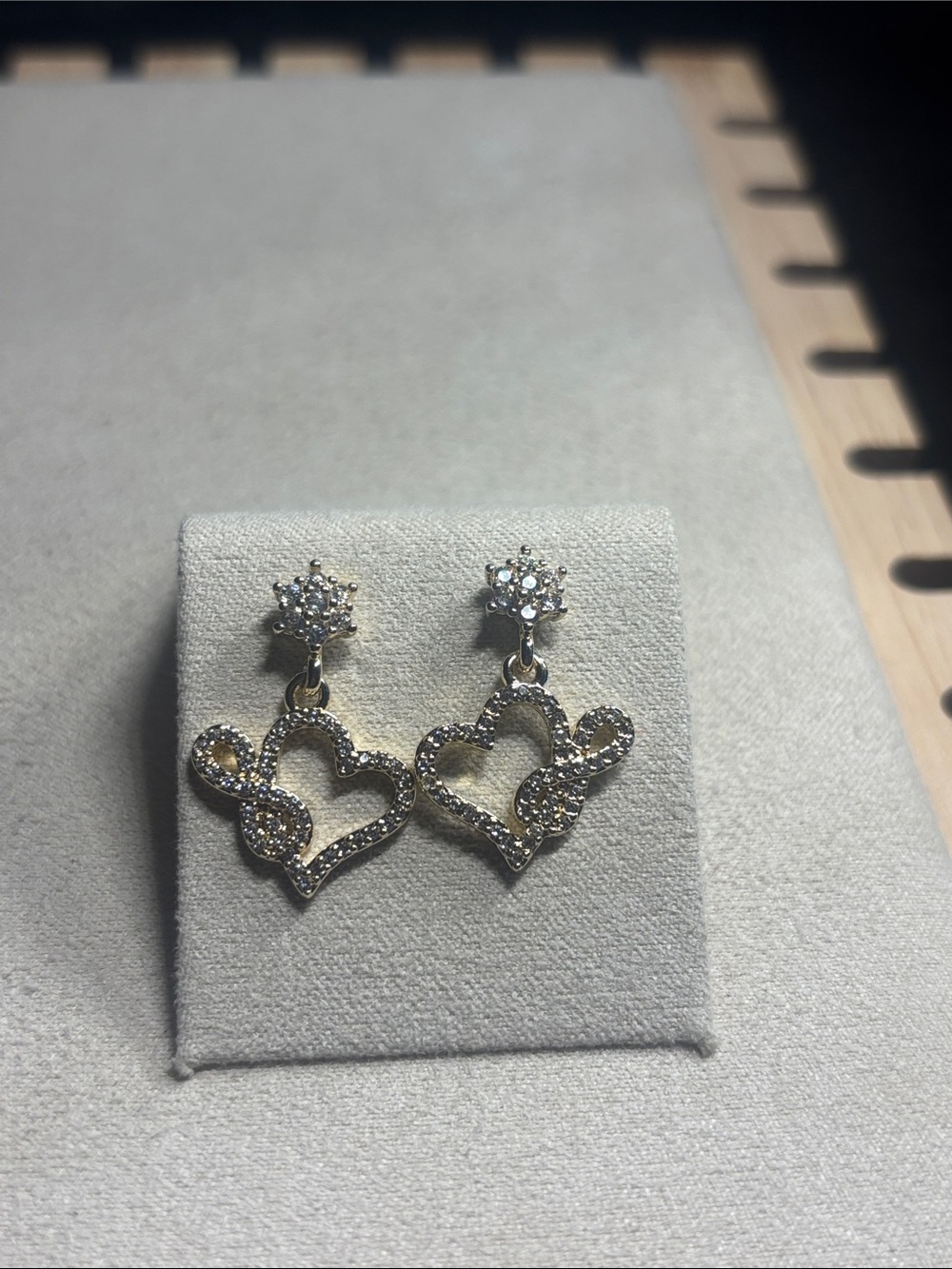 Gold Heart Drop Earrings with Pavé Crystal Accents